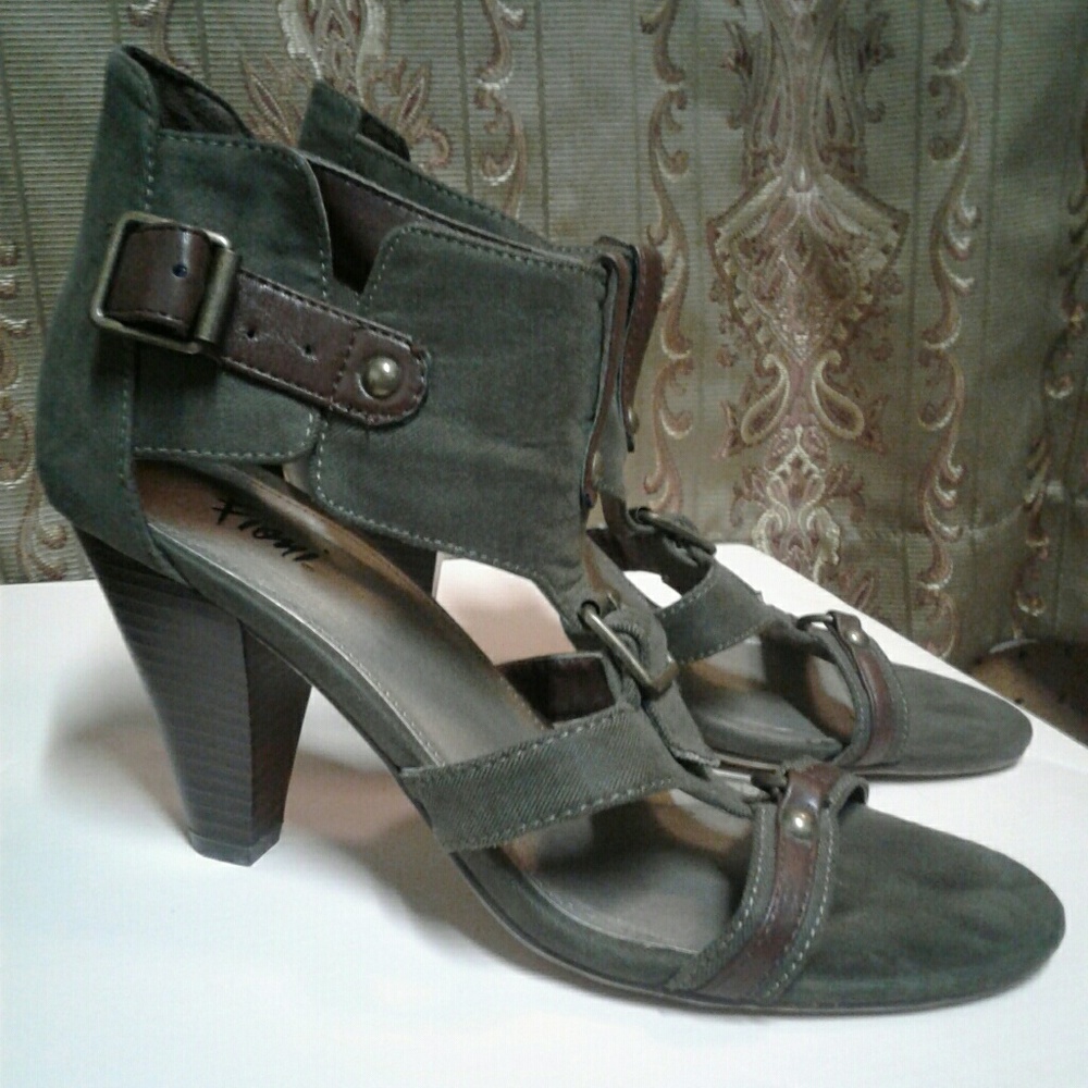 Ankle Strap Heels Army Green Canvas S 8